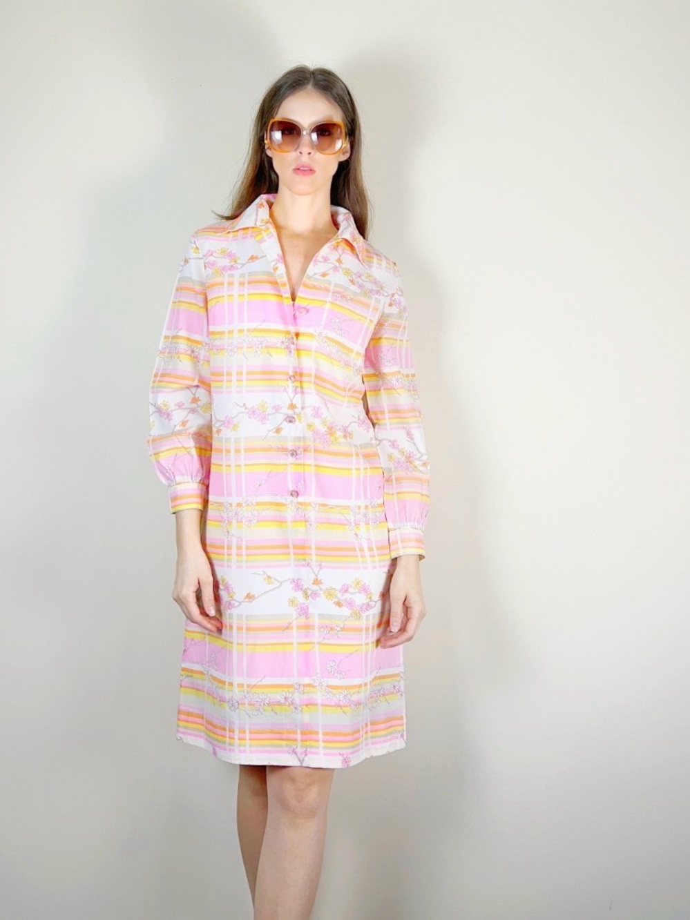 Vintage 70s Pink and Yellow Midi Shirt Dress - Picture 5 of 7